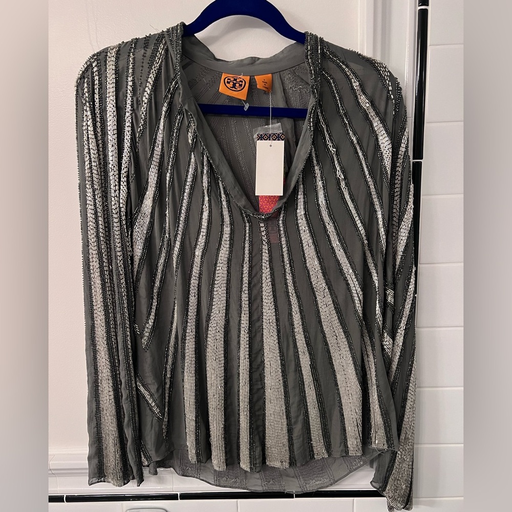NWT Tori Burch Sequin Gray Silver Top